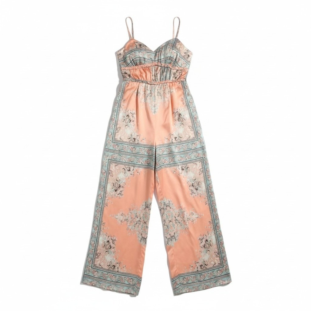 Lulus Jumpsuit Small Peach Paisley‎ Scarf Print Wide Leg Boho Resortwear Satin
